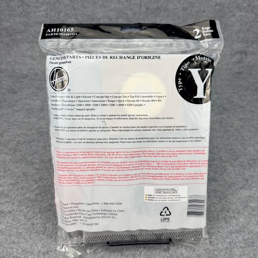 Hoover Type Y Vacuum Bags AH10165 Carbon HEPA Media 2 Pack Genuine Sealed OEM